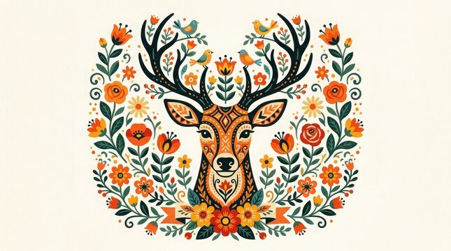 Folk art deer portrait whimsical floral antlers and bird illustrations