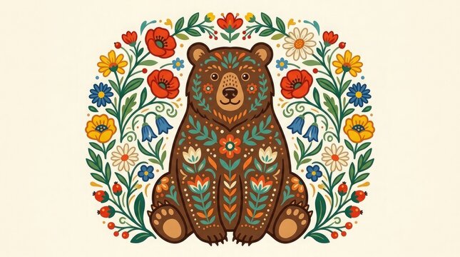 Folk art bear illustration with floral wreath whimsical woodland creature design