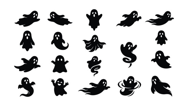 A variety of flying ghost silhouettes isolated on white background. Ideal for creative Halloween graphic assets and.