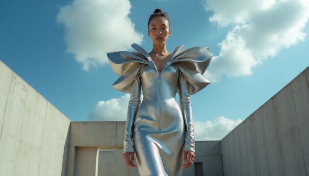 Woman in silver futuristic dress poses near concrete building. She wears metallic couture with large shoulders against blue sky and clouds. Unique style and architecture combine.