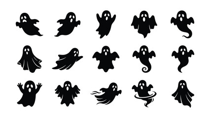 Fototapeta premium Collection of surprised ghost silhouettes isolated on white background. Ideal for spooky Halloween party invitations.