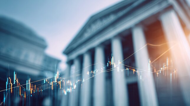 Financial graphs overlay blurred government building, symbolizing the intersection of economics, public policy, and political decision-making