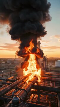 Industrial pipeline explosion with massive fire and black smoke at oil refinery. Lockdown wide shot.
