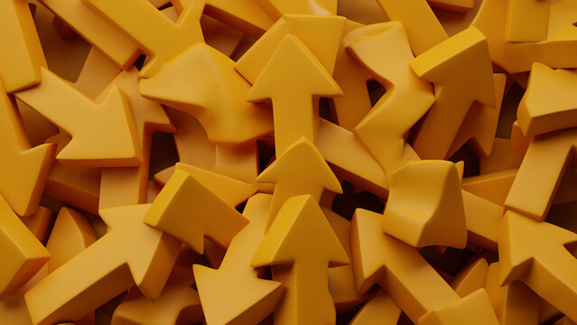 Abundance of yellow arrows pointing upwards in random directions with direction