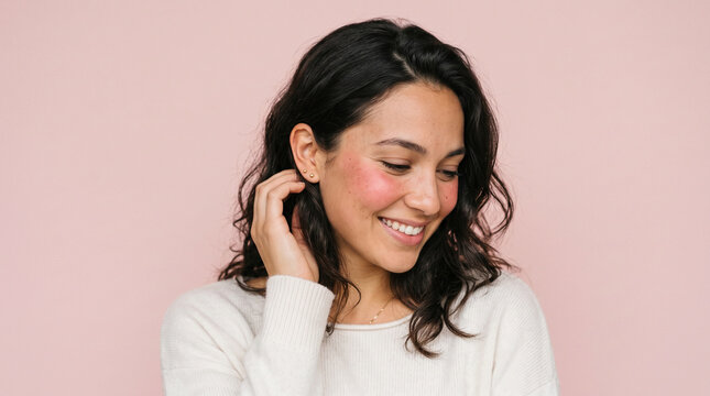Embarrassed smiling young woman blushing and looking down against pink background