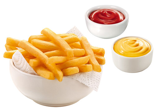 Bowl of crispy french fries accompanied by ketchup and mustard sauces, isolated on a transparent background