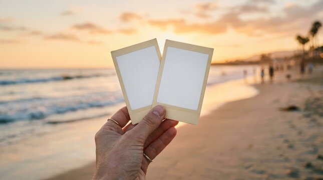 Hand holding blank polaroid frames at sunset beach coastal travel concept