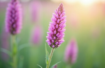 Fototapeta premium Purple sainfoin flower head grows on field edge. Wild blooming plant stalk stands in sunny summer meadow. Soft green bokeh blurred background provides natural beauty. Close up view shows floral