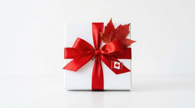 Canada day gift white present with red ribbon and maple leaf decoration