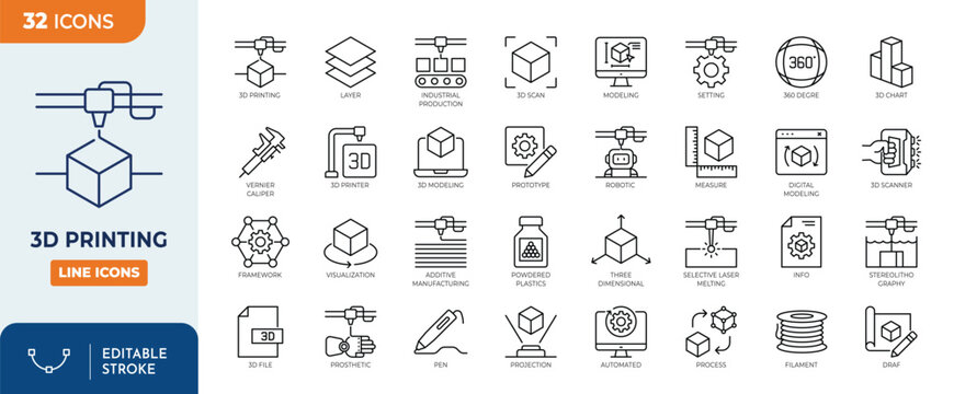 3D printing line editable icon set. Containing 3D printer, filament, additive manufacturing, modeling, layer, 3D scan, and more. Vector illustration