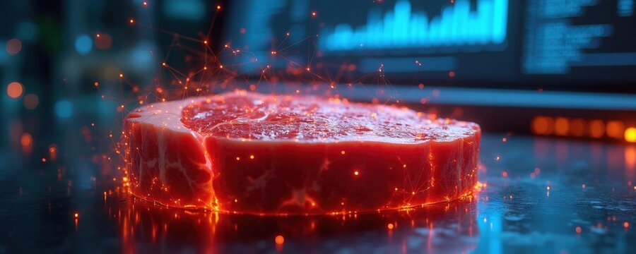 Raw beef steak with glowing digital network overlay. Futuristic interface and data analysis graphics visible on screen. Concept for food tech.