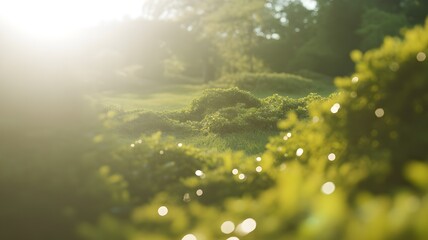 Obraz premium Sunlight streaming through lush green foliage in a peaceful park setting with soft bokeh and lens flare