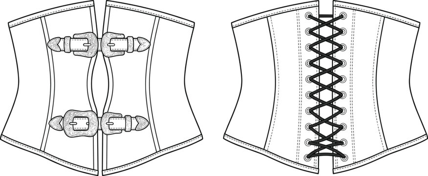 Flat sketch of a women corset fashion technical drawing template with buckles and lace up back detail