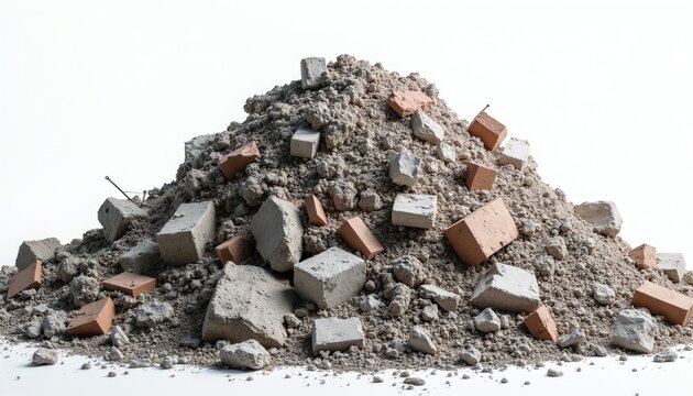 Large pile of concrete rubble with red bricks isolated on white background. Heap of construction waste debris from house demolition site. Broken building material fragments show ruin disaster