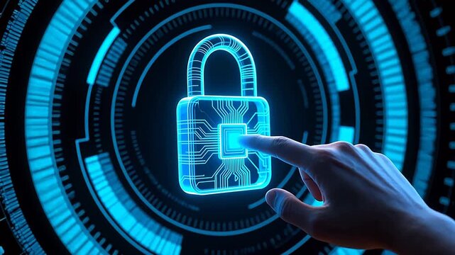 Hand touching blue digital lock