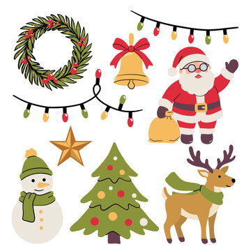 Hand Drawn Christmas Clipart Set in Muted Colors &ndash; Santa, Reindeer, Snowman, Tree, Wreath, Bell, Star and Fairy Lights Illustrations