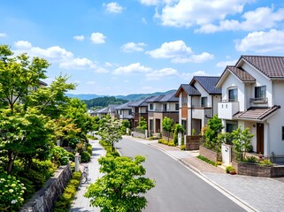 Obraz premium 青空と新緑が美しい戸建て住宅が並ぶ日本の街並み風景