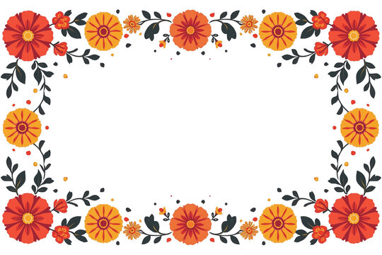 Mexican folk art floral border displaying marigolds, leaves, and abstract flower elements with a transparent background