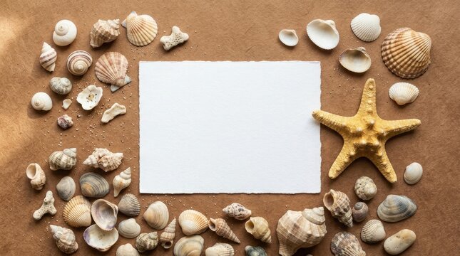 Seashell border with blank paper coastal theme for announcements or invitations