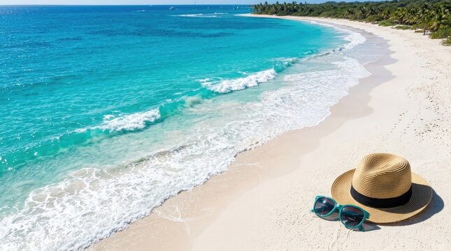 Turquoise waters and white sands a tropical beach escape with summer accessories