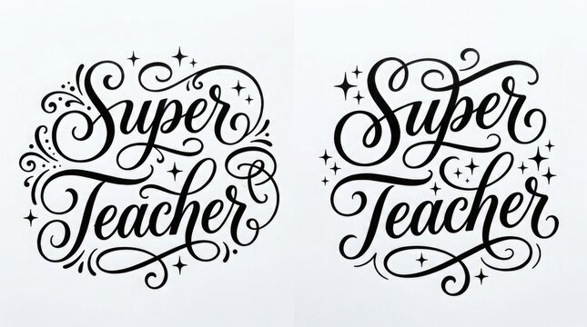Elegant 'super teacher' hand lettering designs with flourishes and sparkles
