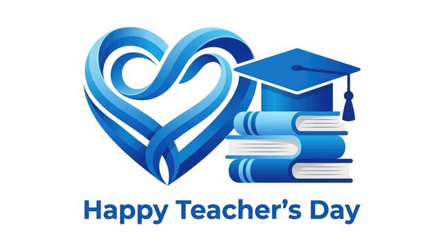 Teacher's day celebration graphic with heart books and graduation cap