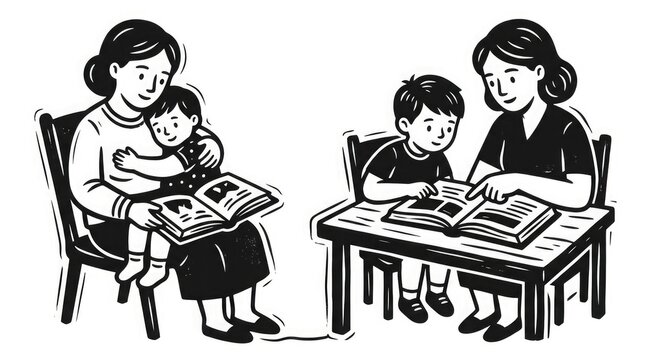 Mother and child reading together vintage illustration set