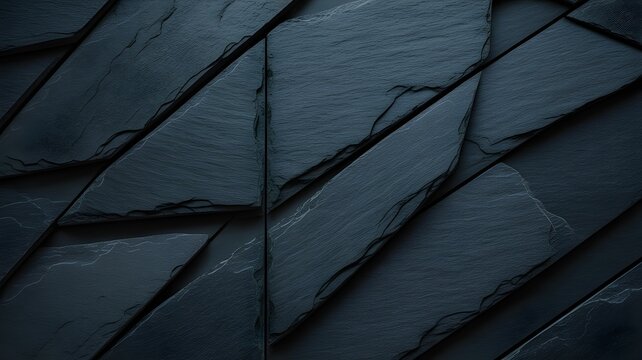 Abstract background of dark grey slate stone tiles arranged in a geometric pattern with sharp edges and natural rock texture