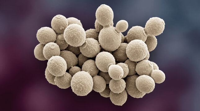 Yeast cells cluster together in a microscopic view.