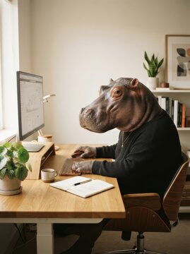 Charming hard-working hippo in home office in professional executive office suite
