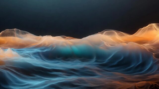 Abstract flowing wave-like shapes in soft luminous style on dark backdrop, concept of motion and energy, dynamic forms