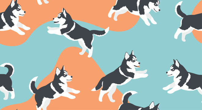 Seamless background pattern of playful black and white Siberian Husky puppies on colorful abstract backdrop.