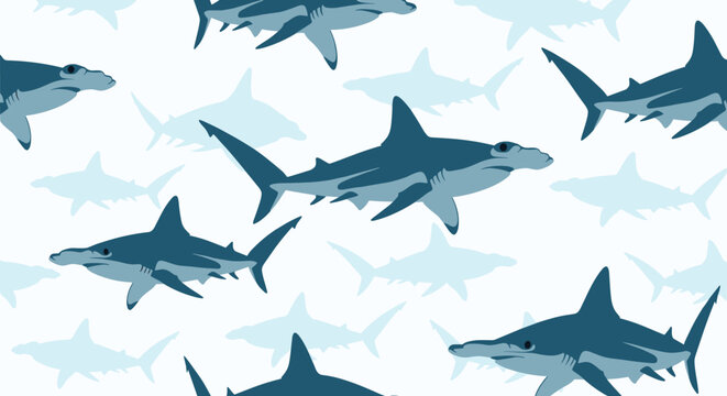 Seamless repeat pattern of majestic blue hammerhead sharks swimming in deep ocean waters on white backdrop.
