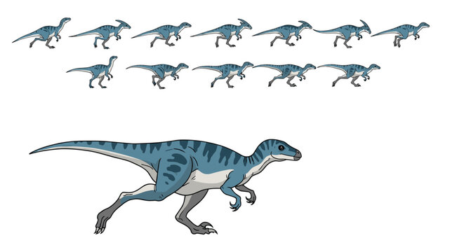 Dinosaur run cycle animation sprite sheet with keyframes of prehistoric reptile running isolated on white background.