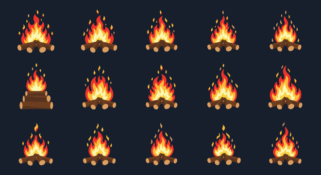 Pixel art campfire flame animation sprite sheet with detailed progress keyframes isolated on a dark background.