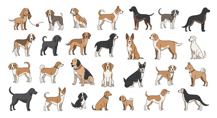 Obraz premium Vector illustration collection of different dog breeds standing and sitting in various poses isolated on white background.