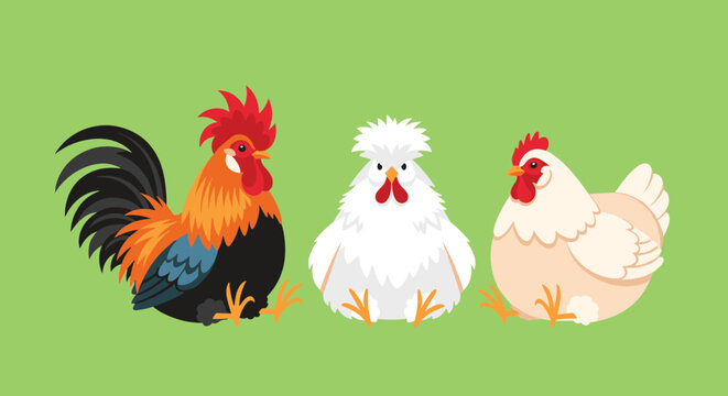 Red rooster with white and brown hens sitting together against a solid green background in flat vector design.