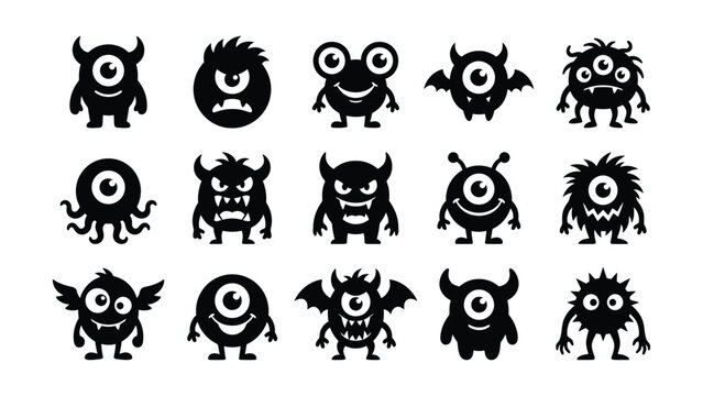 A collection of fifteen cute black monster silhouettes with horns and eyes on white background. Perfect for kids party.