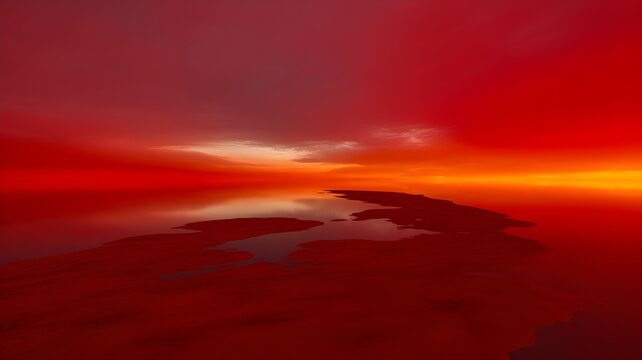 A surreal and dramatic landscape featuring a vast, flat terrain bathed in intense red light under a fiery, glowing sunset sky