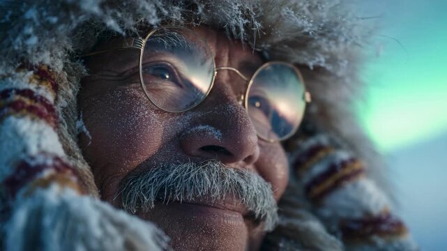 Close-up of elderly caucasian man with round glasses and gray beard wearing a fluffy winter hat, eyes reflecting light, face with thoughtful expression. Concept of wisdom and experience