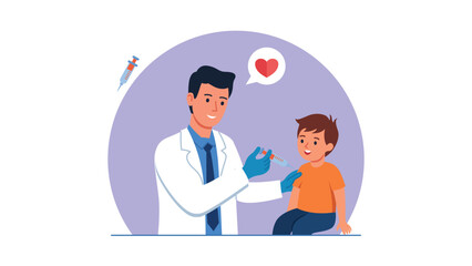 Male pediatrician giving a vaccine injection to a little boy. Healthcare and immunization concept for children.