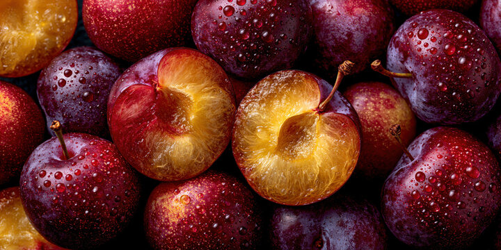 Close-up of halved plums with glossy water droplets