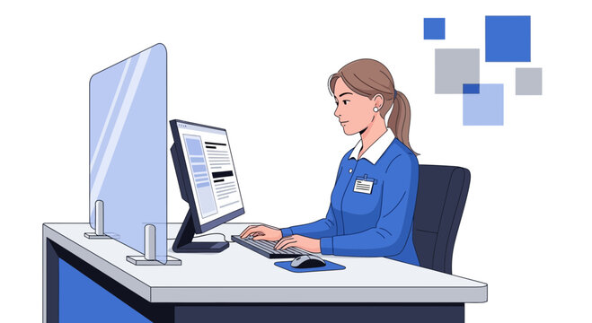 Female receptionist working at computer with protective screen, hospital administration concept