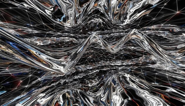 Abstract metallic waves with interconnected nodes on black background