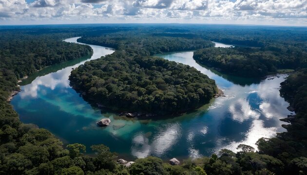 Aerial view of a winding river and lush green forest canopy