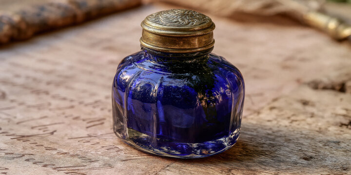 Vintage glass inkwell with brass lid on wooden surface