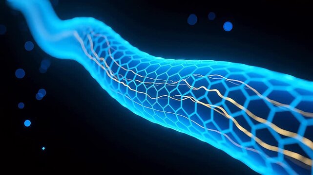 Glowing blue hexagonal tube with golden veins