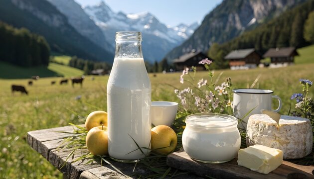 Dairy products and apples on a wooden table with a mountain village backdrop