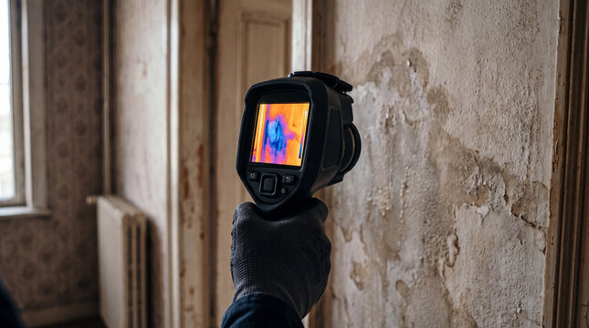 Thermal imaging camera used to inspect building walls for moisture and heat loss.