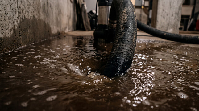 Submersible pump draining flood water from basement floor.